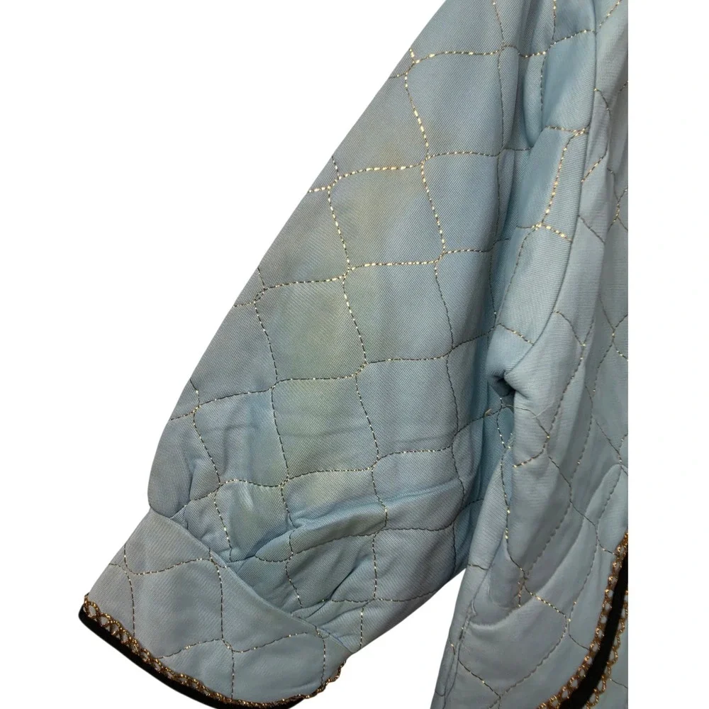 Vintage Light Blue Quilted Coat Kids Gold Trim Ribbon Bow Peter Pan Collar